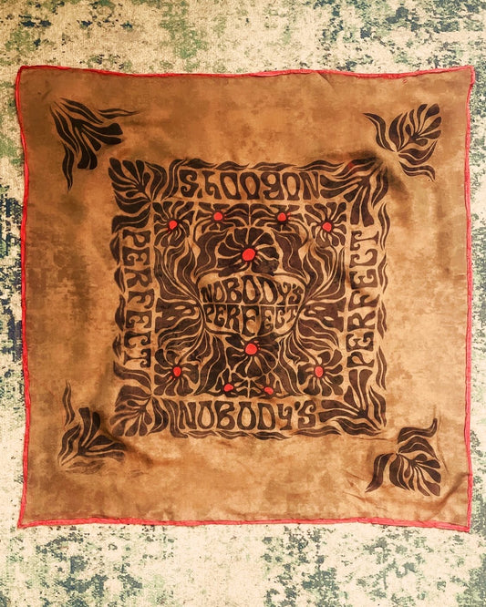 NOBODY'S PERFECT camel square silk scarf