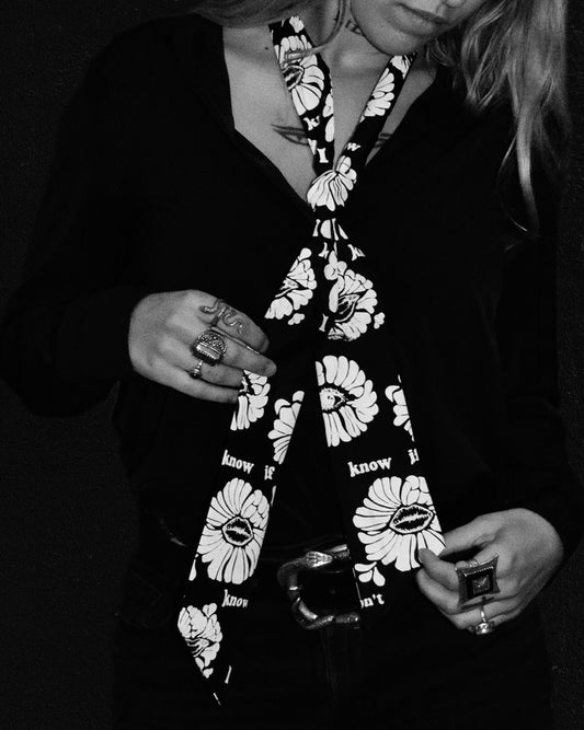 I DON'T KNOW IF I LOVE YOU black silk lavallière scarf